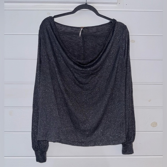 Free People Metallic Shimmer Draped Cowl Neck Long Sleeve Boho Oversized Top S - Picture 4 of 12